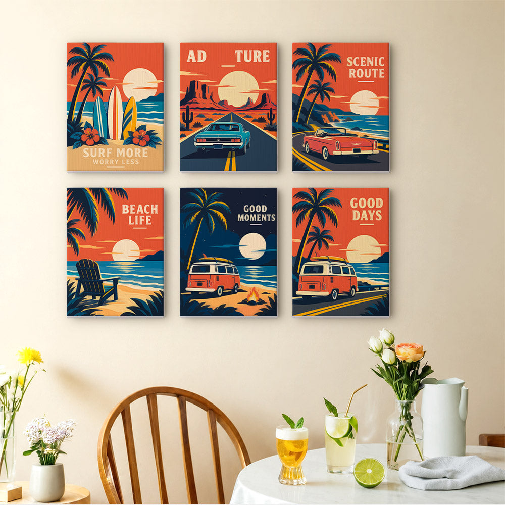 Road Trip Posters mini paintings displayed as a gallery wall in a sunny kitchen