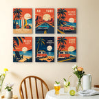 Road Trip Posters mini paintings displayed as a gallery wall in a sunny kitchen