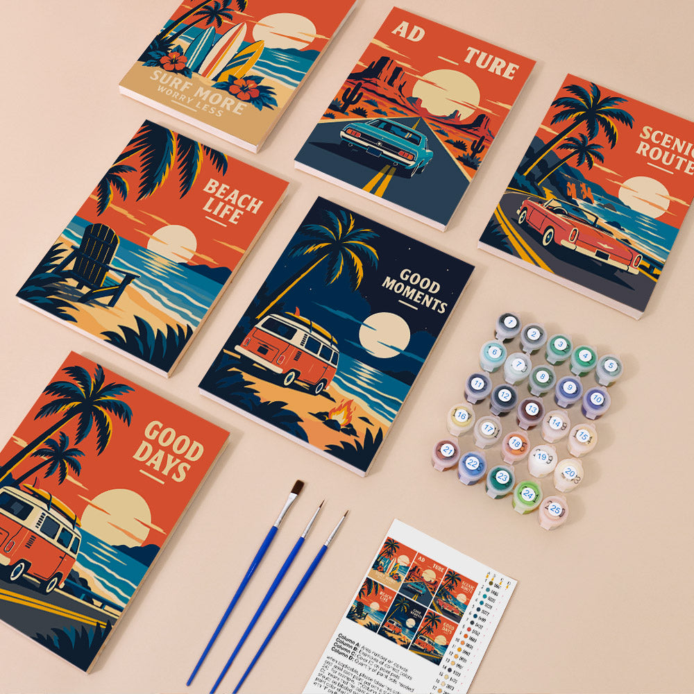 Road Trip Posters mini paint by numbers kit with six numbered canvases, acrylic paints, brushes and layout