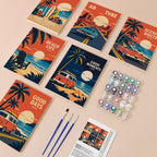 Road Trip Posters mini paint by numbers kit with six numbered canvases, acrylic paints, brushes and layout