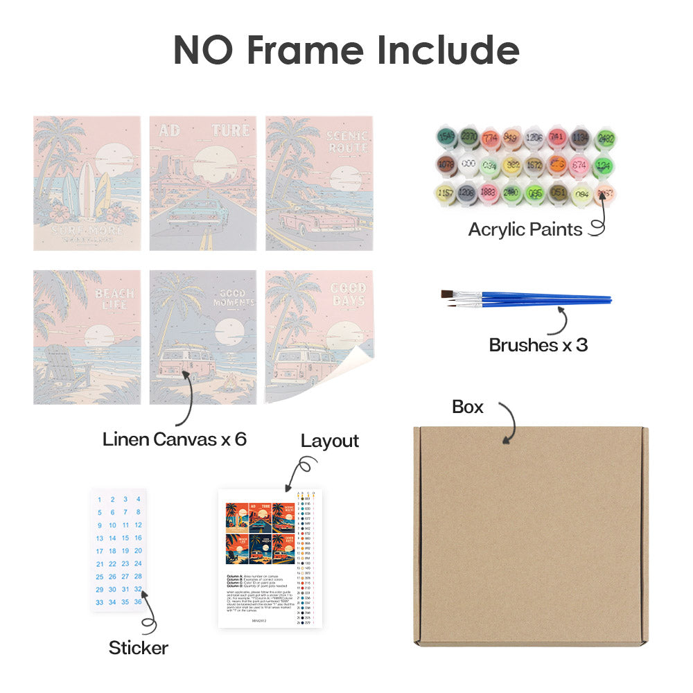 What's included without a frame: six rolled Road Trip Posters mini canvases, acrylic paints, three brushes and layout