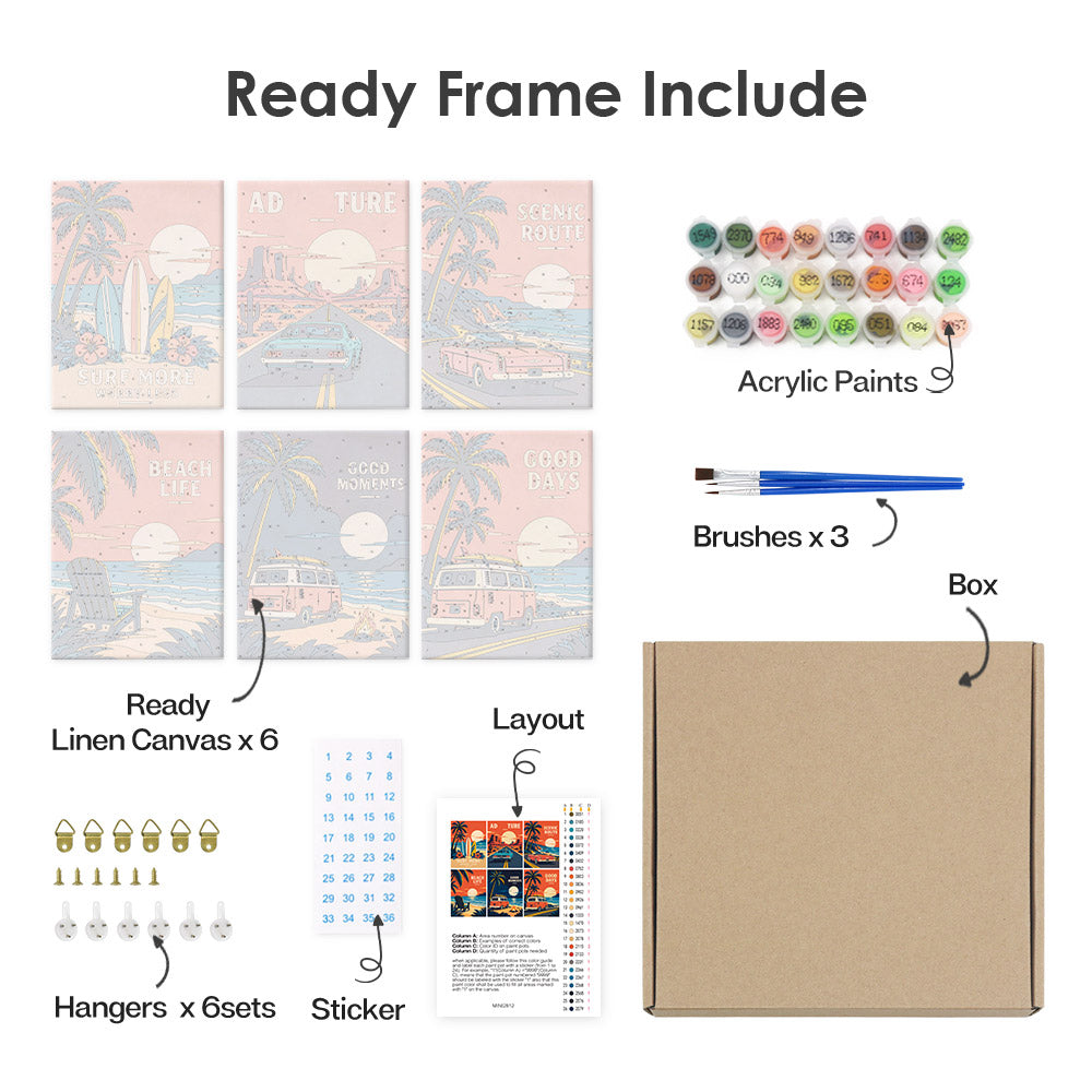 What's included pre-stretched on frame: six framed Road Trip Posters mini canvases, paints, three brushes, hangers and layout