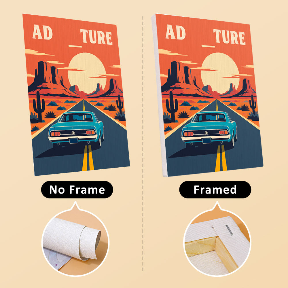 Road Trip Posters mini canvas shown rolled without a frame and pre-stretched on a frame