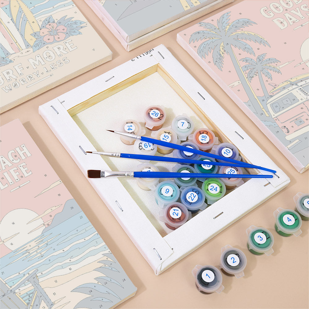 Numbered paint pots and brushes on a pre-stretched Road Trip Posters mini canvas