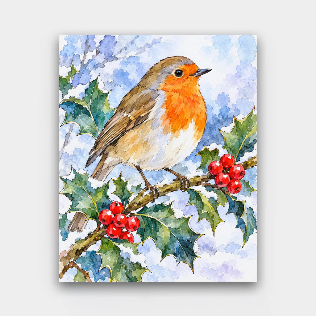 Robin on Holly paint by numbers kit of a robin perched on a holly branch with red berries in watercolor and ink