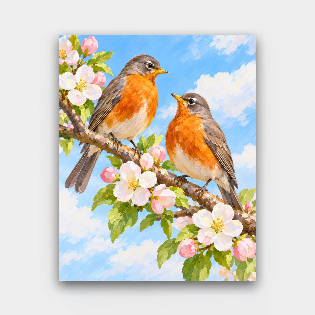 Robins in Blossom paint by numbers kit of two robins on a branch of pink and white apple blossom under a blue sky
