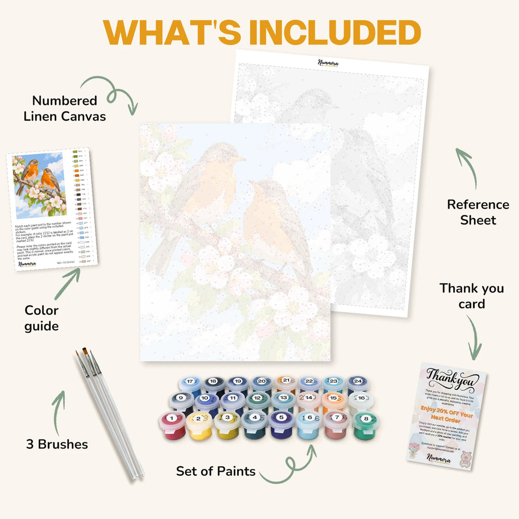 What's included in the Robins in Blossom paint by numbers kit: numbered linen canvas, reference sheet, color guide, 24 acrylic paints, 3 brushes and thank you card