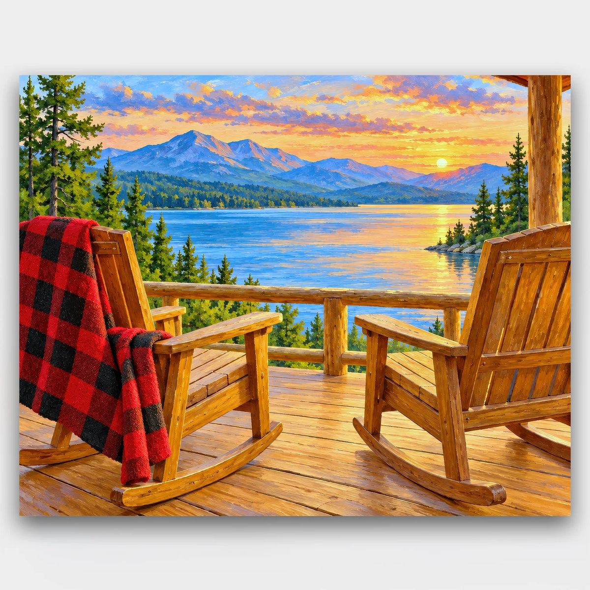 Rocking Chairs at Sunset paint by numbers kit of two wooden rocking chairs and a plaid blanket on a cabin porch overlooking a mountain lake at sunset