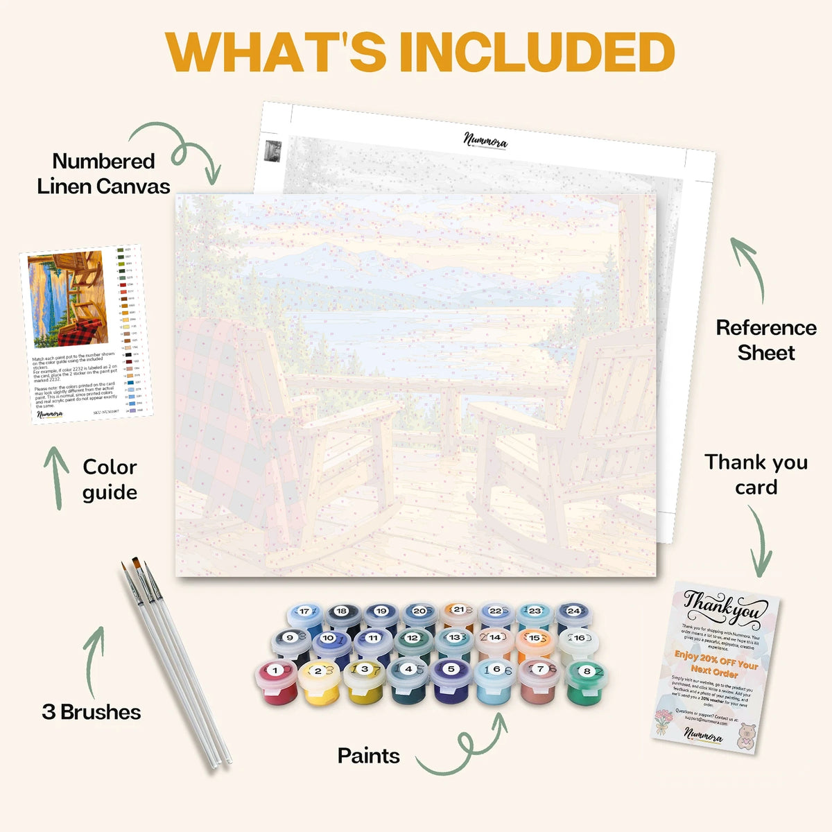 What's included in the Rocking Chairs at Sunset paint by numbers kit: numbered linen canvas, reference sheet, color guide, 24 acrylic paints, 3 brushes and thank you card
