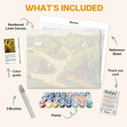 What's included in the Rolling Hills paint by numbers kit: numbered linen canvas, reference sheet, color guide, 24 acrylic paints, 3 brushes and thank you card