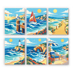 Rolling Waves mini paint by numbers set: six designs of a seagull on a pier, sailboat, boardwalk, lighthouse, sea cliffs and beach chair