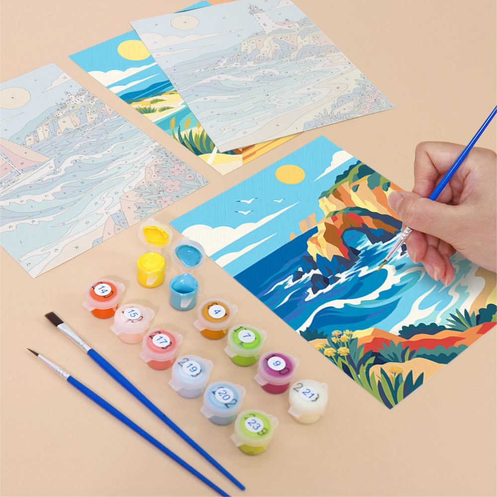 Filling in a Rolling Waves mini canvas with numbered acrylic paints and a fine brush