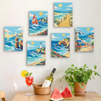 Six finished Rolling Waves mini paintings hung on a wall above a table