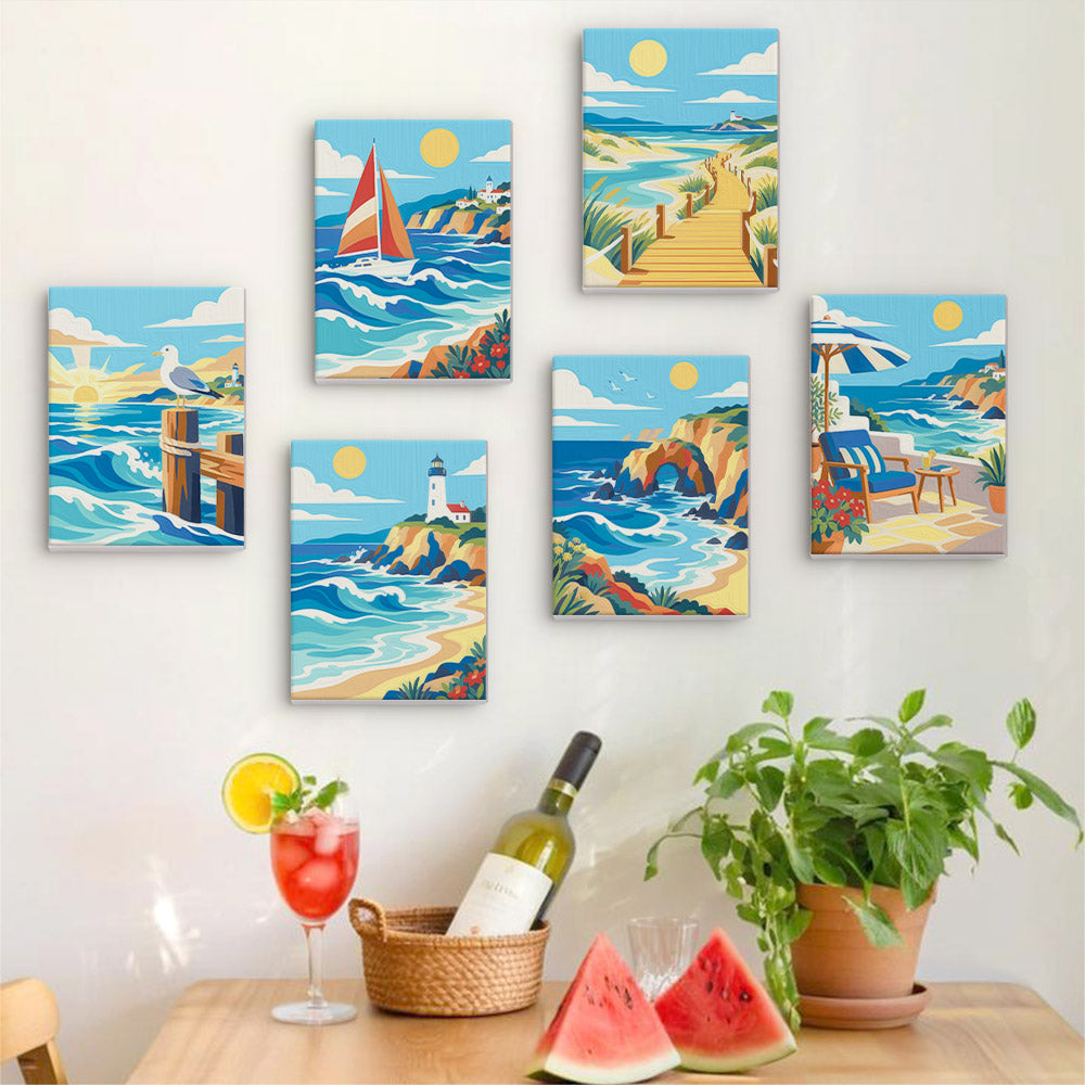 Six finished Rolling Waves mini paintings hung on a wall above a table