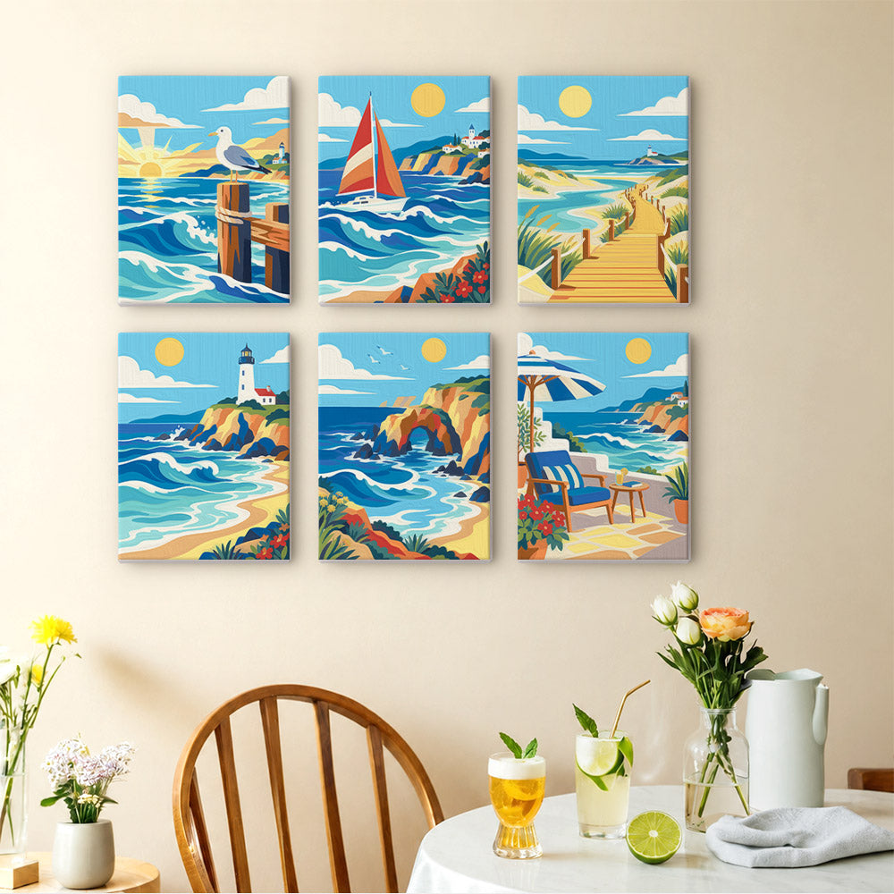 Rolling Waves mini paintings displayed as a gallery wall in a sunny kitchen