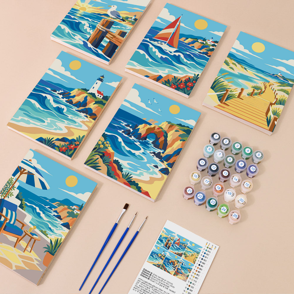 Rolling Waves mini paint by numbers kit with six numbered canvases, acrylic paints, brushes and layout