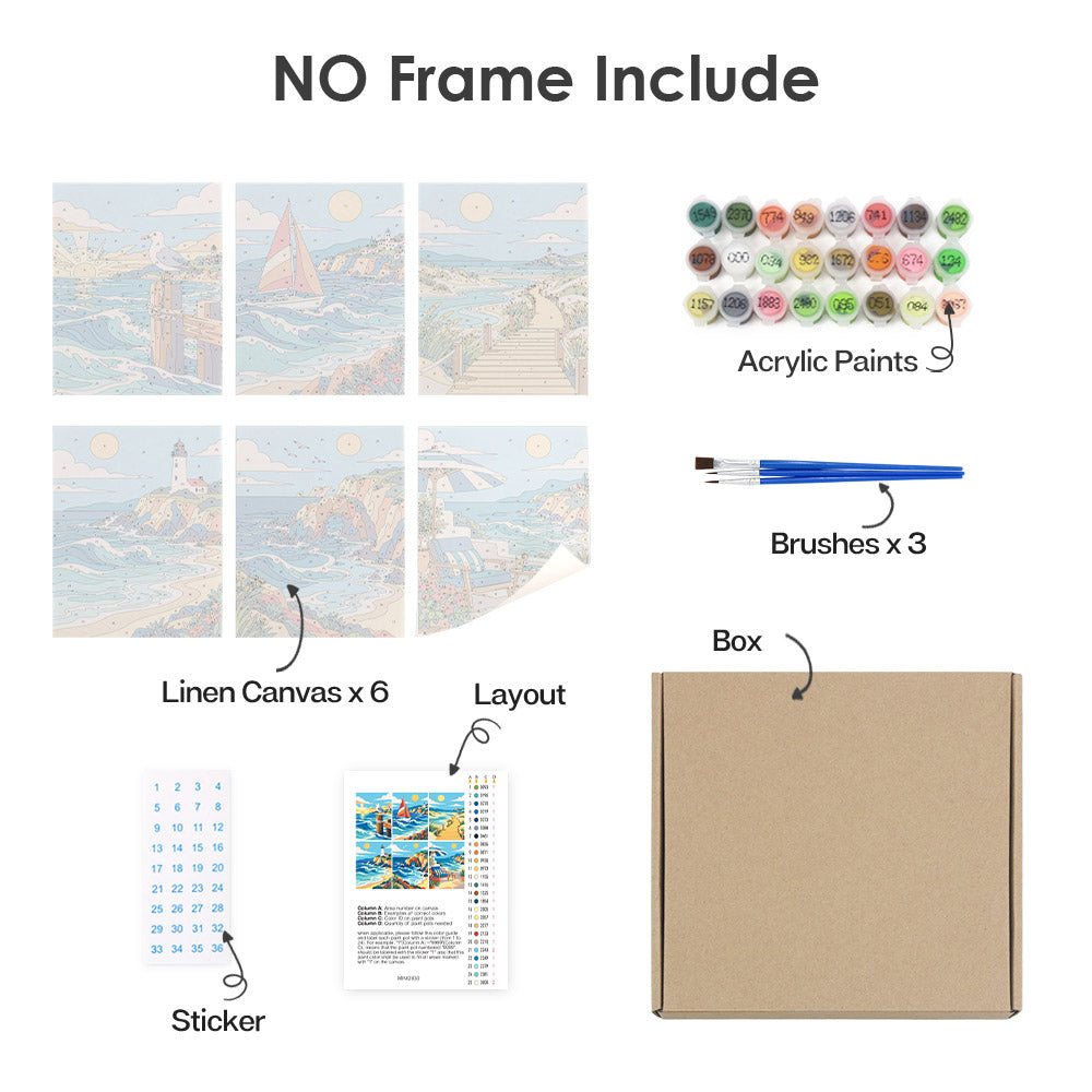 What's included without a frame: six rolled Rolling Waves mini canvases, acrylic paints, three brushes and layout