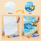 Before and after of a Rolling Waves mini paint by numbers canvas