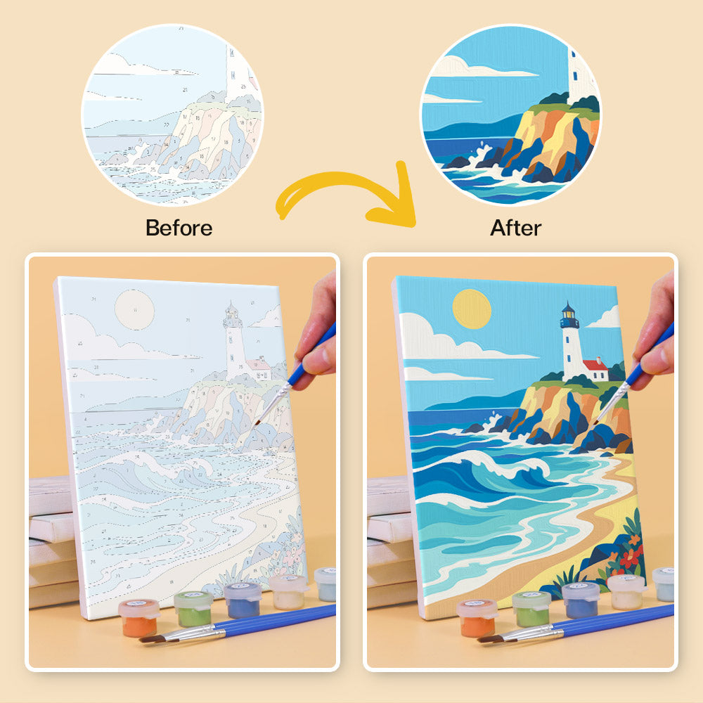 Before and after of a Rolling Waves mini paint by numbers canvas