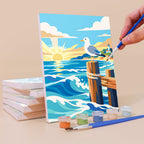 Painting a Rolling Waves mini canvas propped up beside numbered acrylic paints