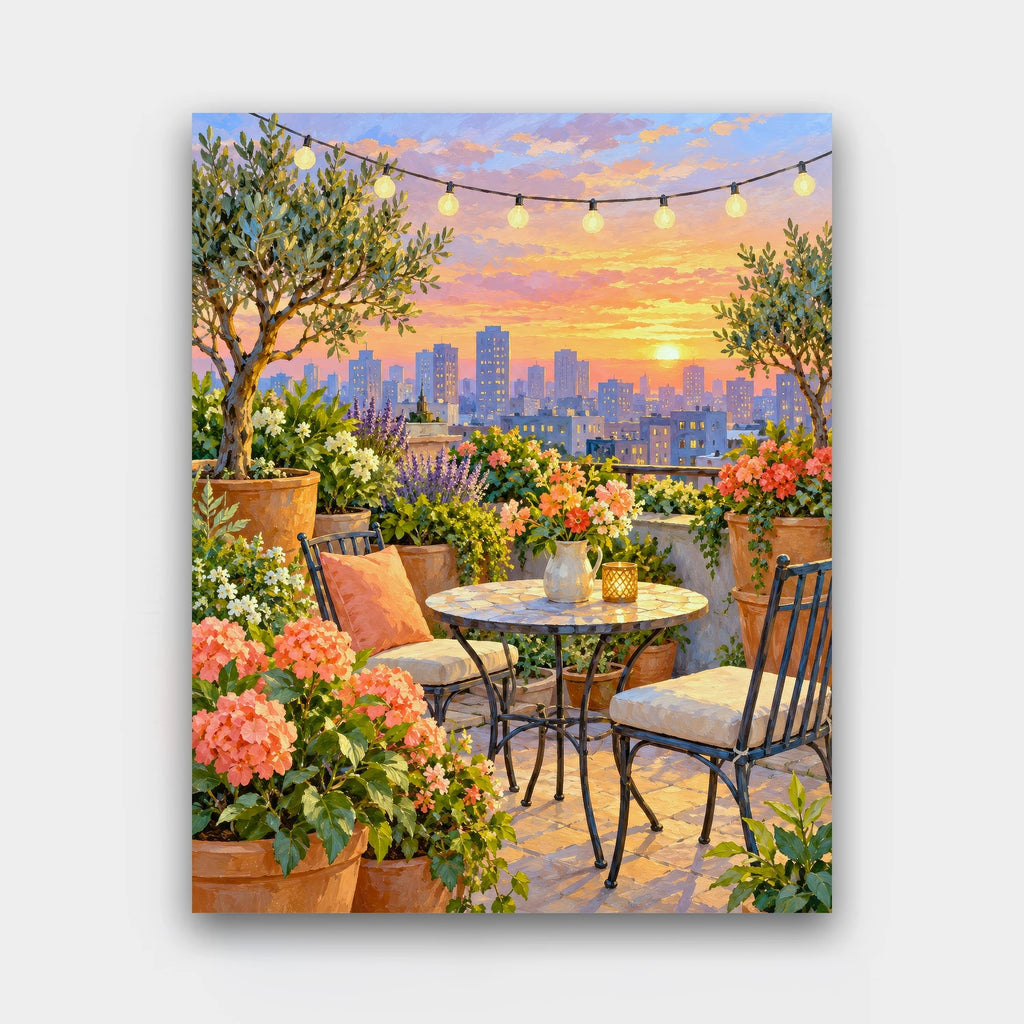 Rooftop Garden at Sunset paint by numbers kit of a rooftop garden with potted trees, flowers, a bistro table and string lights over a city skyline