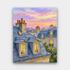 Rooftops at Dusk paint by numbers kit of old European slate rooftops and chimneys with warm lit attic windows at dusk