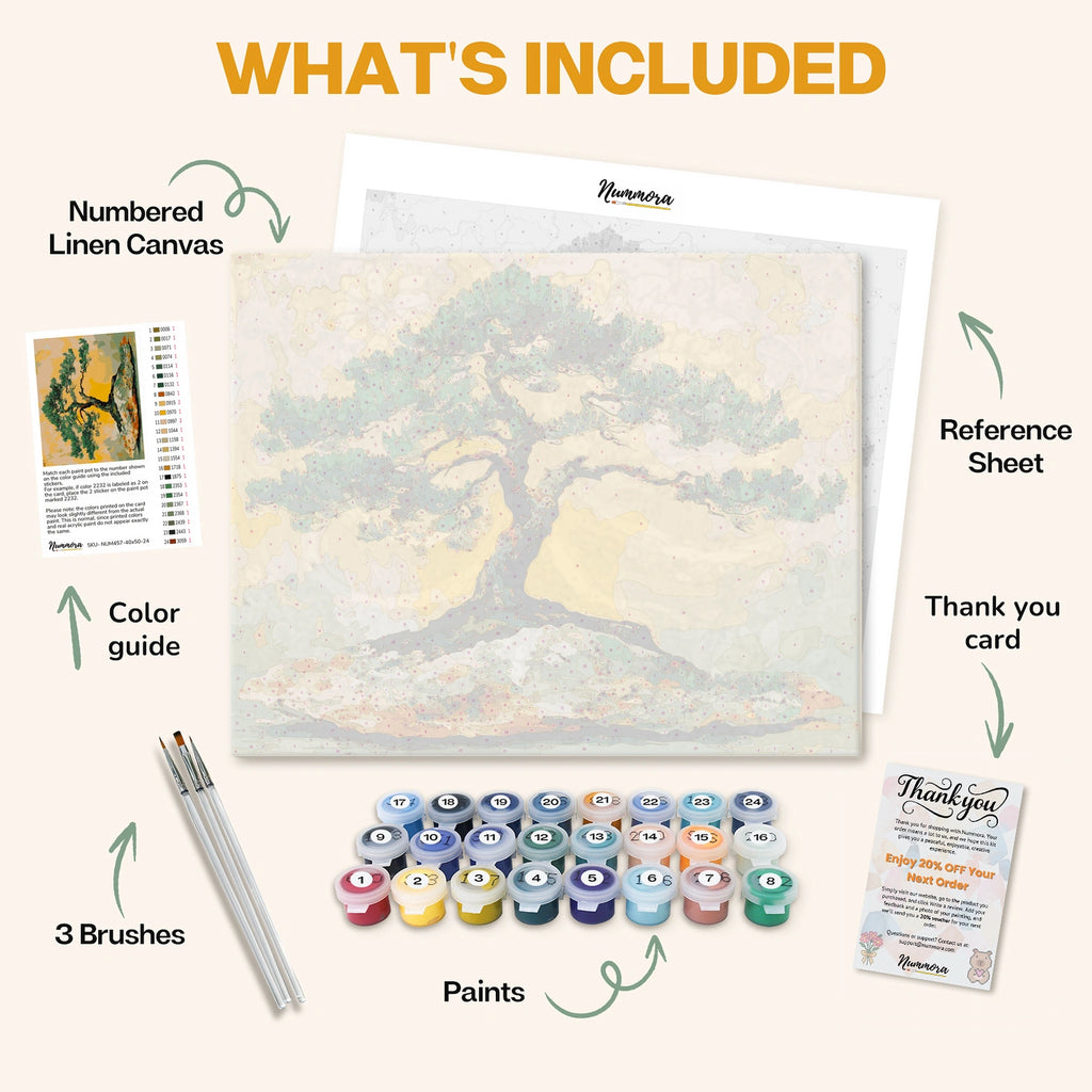 What's included in the Rooted in the Sky paint by numbers kit: numbered linen canvas, reference sheet, color guide, 24 acrylic paints, 3 brushes and thank you card