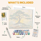 What's included in the Rooted in the Sky paint by numbers kit: numbered linen canvas, reference sheet, color guide, 24 acrylic paints, 3 brushes and thank you card