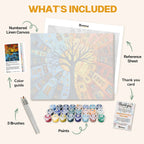 What's included in the Roots of the City paint by numbers kit: numbered linen canvas, reference sheet, color guide, 24 acrylic paints, 3 brushes and thank you card