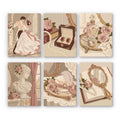 Rose Boudoir mini paint by numbers set: six vintage blush-and-gold vignettes, including a waltzing couple, a jewelry box, perfume, a bust, a hat and a hand mirror