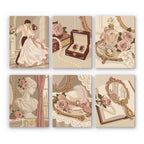 Rose Boudoir mini paint by numbers set: six vintage blush-and-gold vignettes, including a waltzing couple, a jewelry box, perfume, a bust, a hat and a hand mirror
