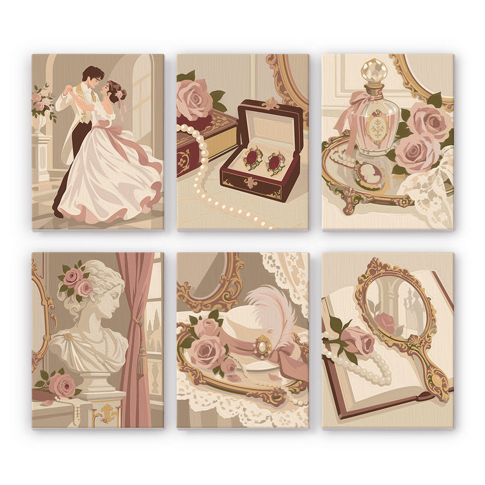 Rose Boudoir mini paint by numbers set: six vintage blush-and-gold vignettes, including a waltzing couple, a jewelry box, perfume, a bust, a hat and a hand mirror