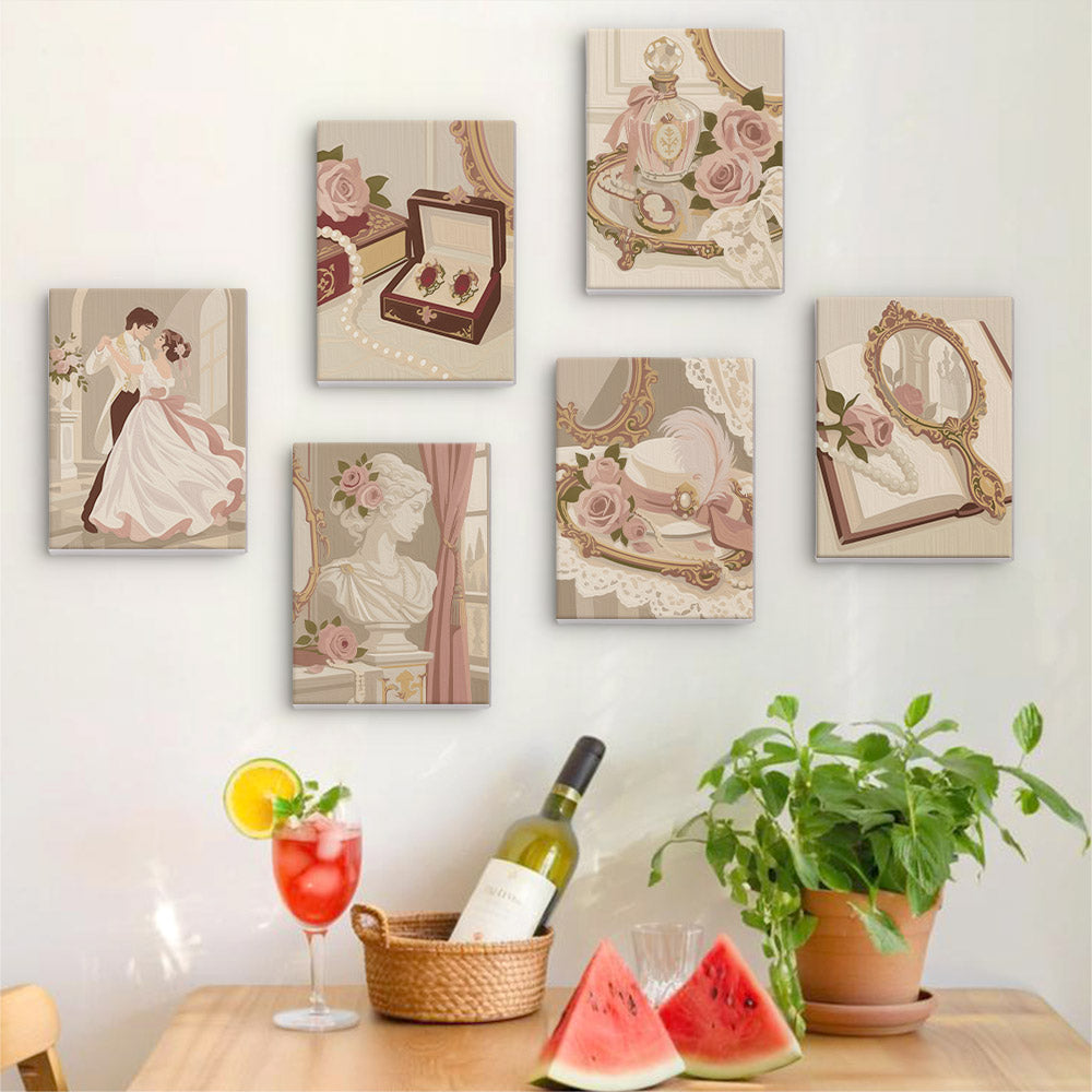 Six finished Rose Boudoir mini paintings hung on a wall above a table