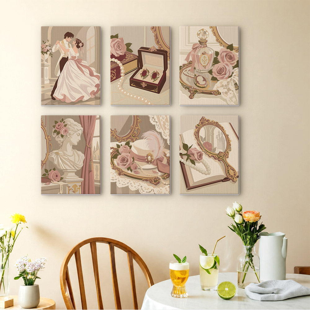 Rose Boudoir mini paintings displayed as a gallery wall in a sunny kitchen