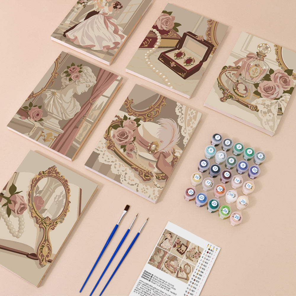 Rose Boudoir mini paint by numbers kit with six numbered canvases, acrylic paints, brushes and layout