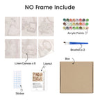 What's included without a frame: six rolled Rose Boudoir mini canvases, acrylic paints, three brushes and layout
