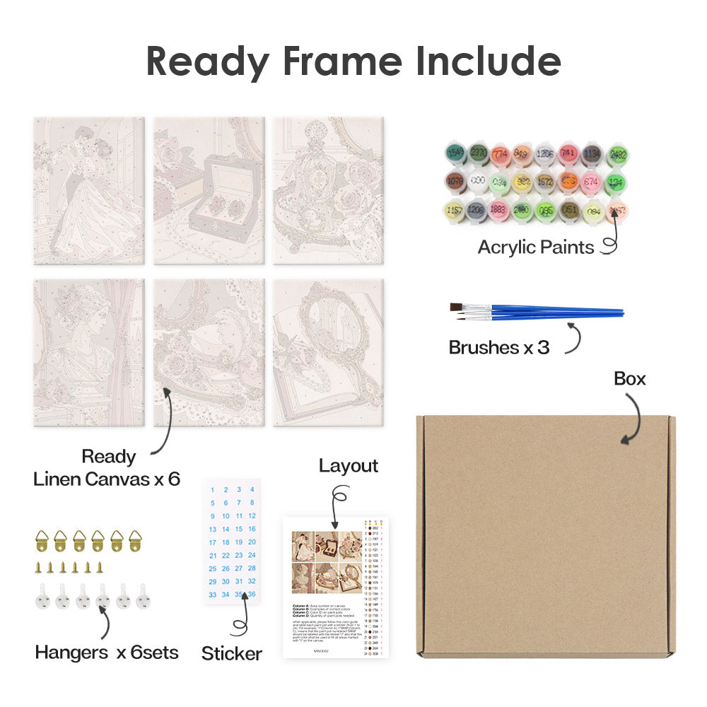 What's included pre-stretched on frame: six framed Rose Boudoir mini canvases, paints, three brushes, hangers and layout