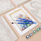 Numbered paint pots and brushes on a pre-stretched Rose Boudoir mini canvas