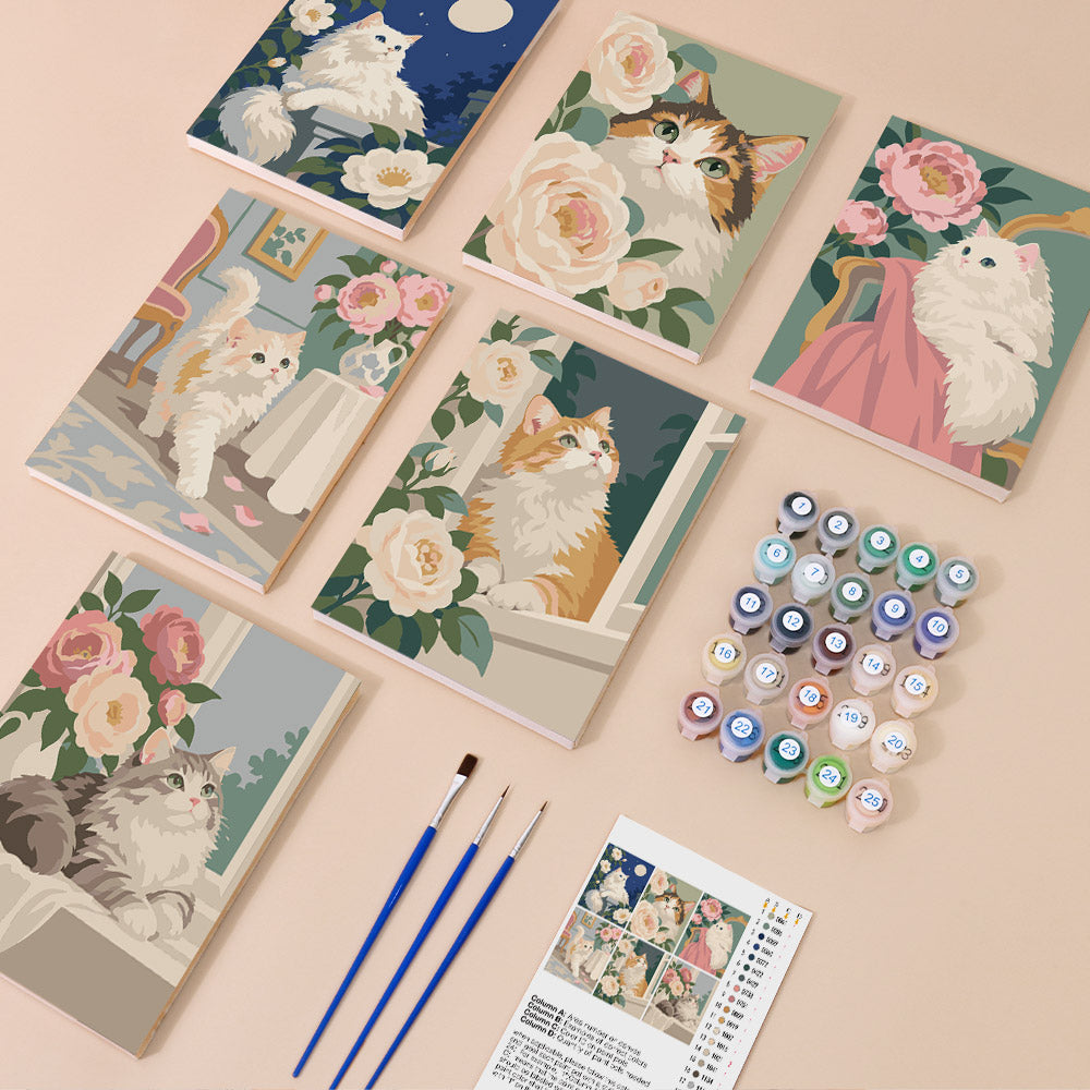 Roses and Whiskers mini paint by numbers kit with six numbered canvases, acrylic paints, brushes and layout