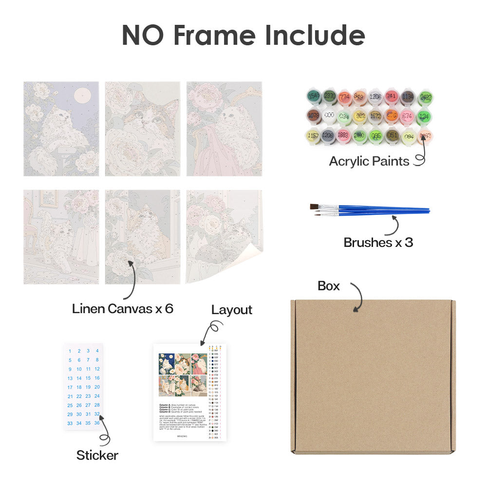 What's included without a frame: six rolled Roses and Whiskers mini canvases, acrylic paints, three brushes and layout