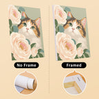 Roses and Whiskers mini canvas shown rolled without a frame and pre-stretched on a frame