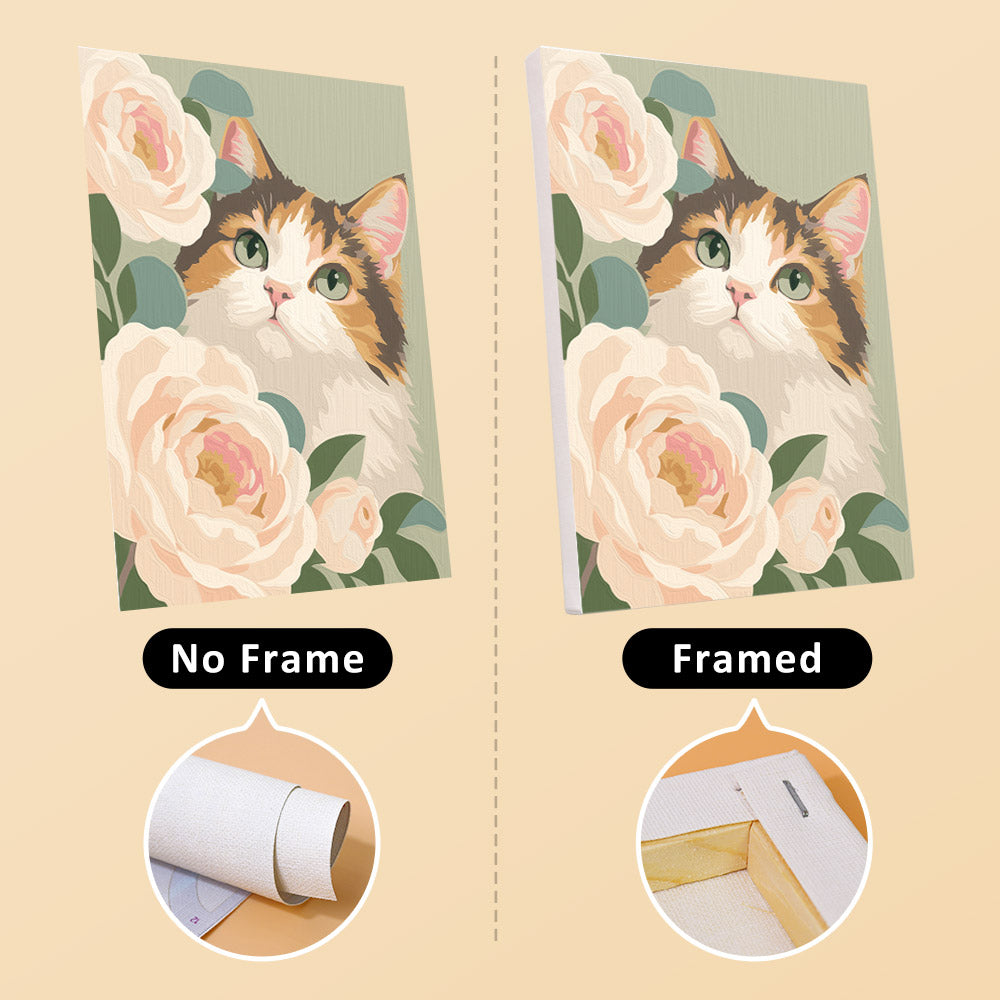 Roses and Whiskers mini canvas shown rolled without a frame and pre-stretched on a frame