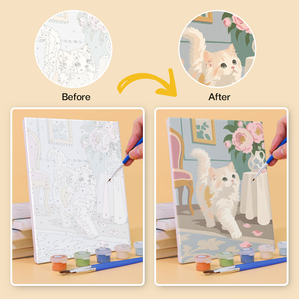 Before and after of a Roses and Whiskers mini paint by numbers canvas