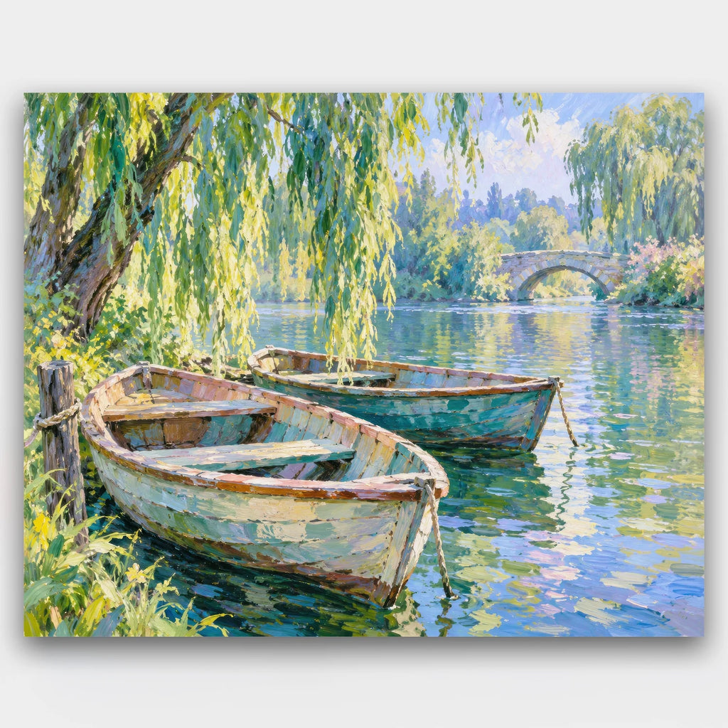 Rowboats Under the Willow paint by numbers kit of two weathered rowboats moored under a weeping willow on a calm river with a stone bridge