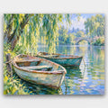 Rowboats Under the Willow paint by numbers kit of two weathered rowboats moored under a weeping willow on a calm river with a stone bridge