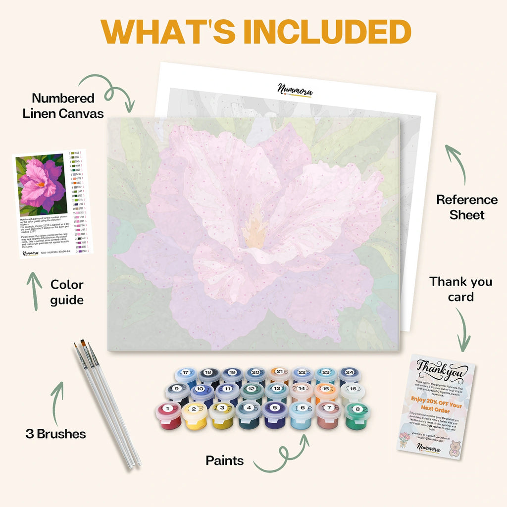 What's included in the Royal Violet paint by numbers kit: numbered linen canvas, reference sheet, color guide, 24 acrylic paints, 3 brushes and thank you card