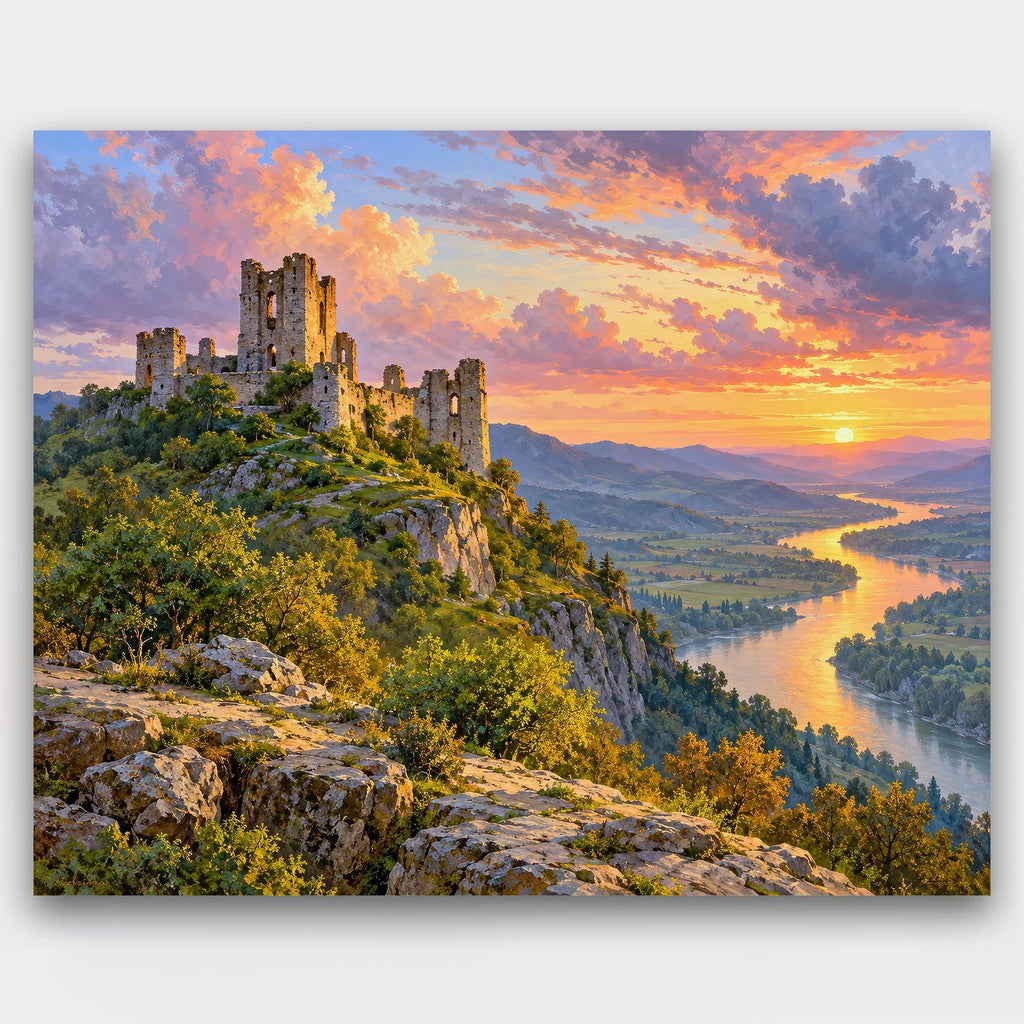 Ruins Above the River paint by numbers kit of castle ruins on a hill above a winding river valley at sunset