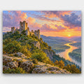 Ruins Above the River paint by numbers kit of castle ruins on a hill above a winding river valley at sunset