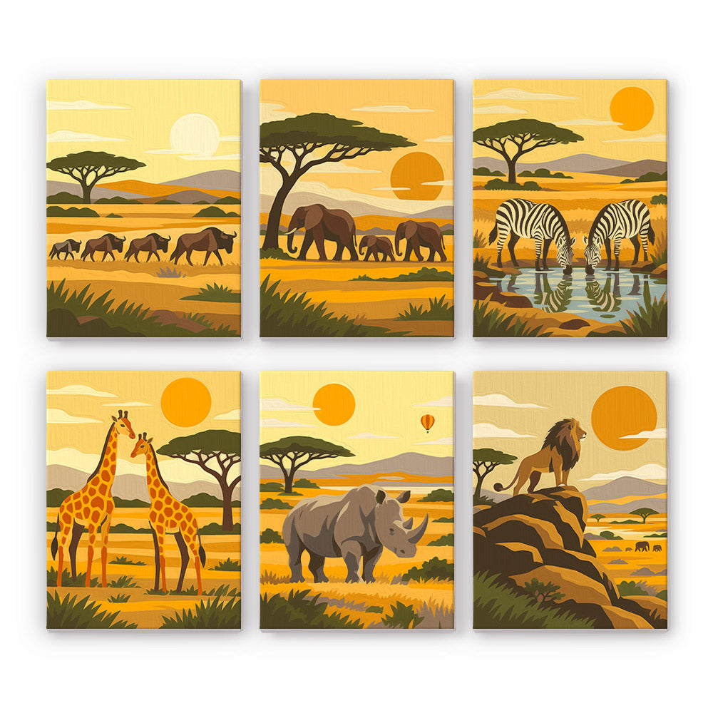 Safari Sunset mini paint by numbers set: six savanna designs of wildebeest, elephants, zebras, giraffes, a rhino and a lion