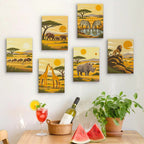 Six finished Safari Sunset mini paintings hung on a wall above a table